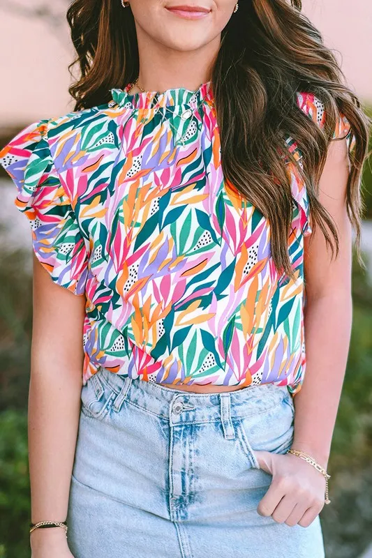 Abstract Print Ruffled Flutter Shoulder Blouse