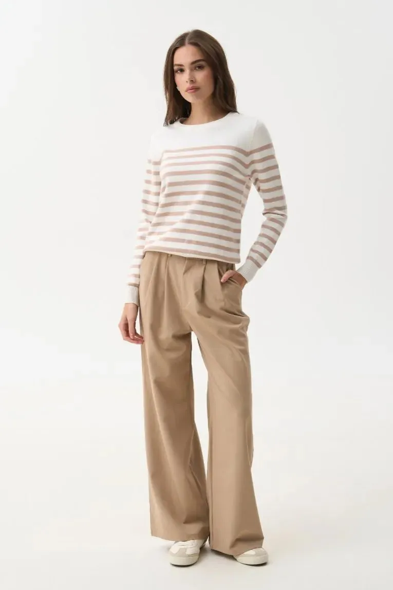 Beige Striped Knit Sweater with a Crew Neck