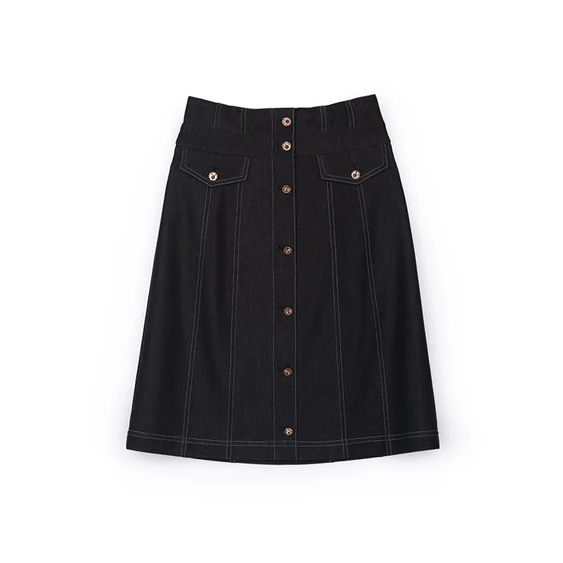 Black Button High Waist Demin Skirts