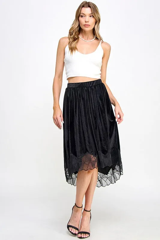 Black Velvet Elastic Waistband Hi-Low Midi Skirt W Lace