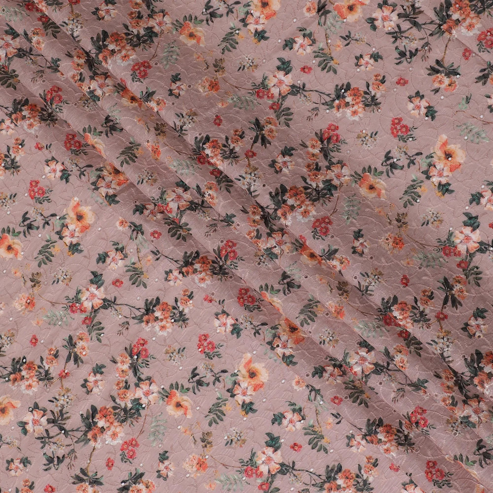 Blush Pink Floral blended Cotton Lawn Fabric with Embroidery - 110 cm Wide - D19591