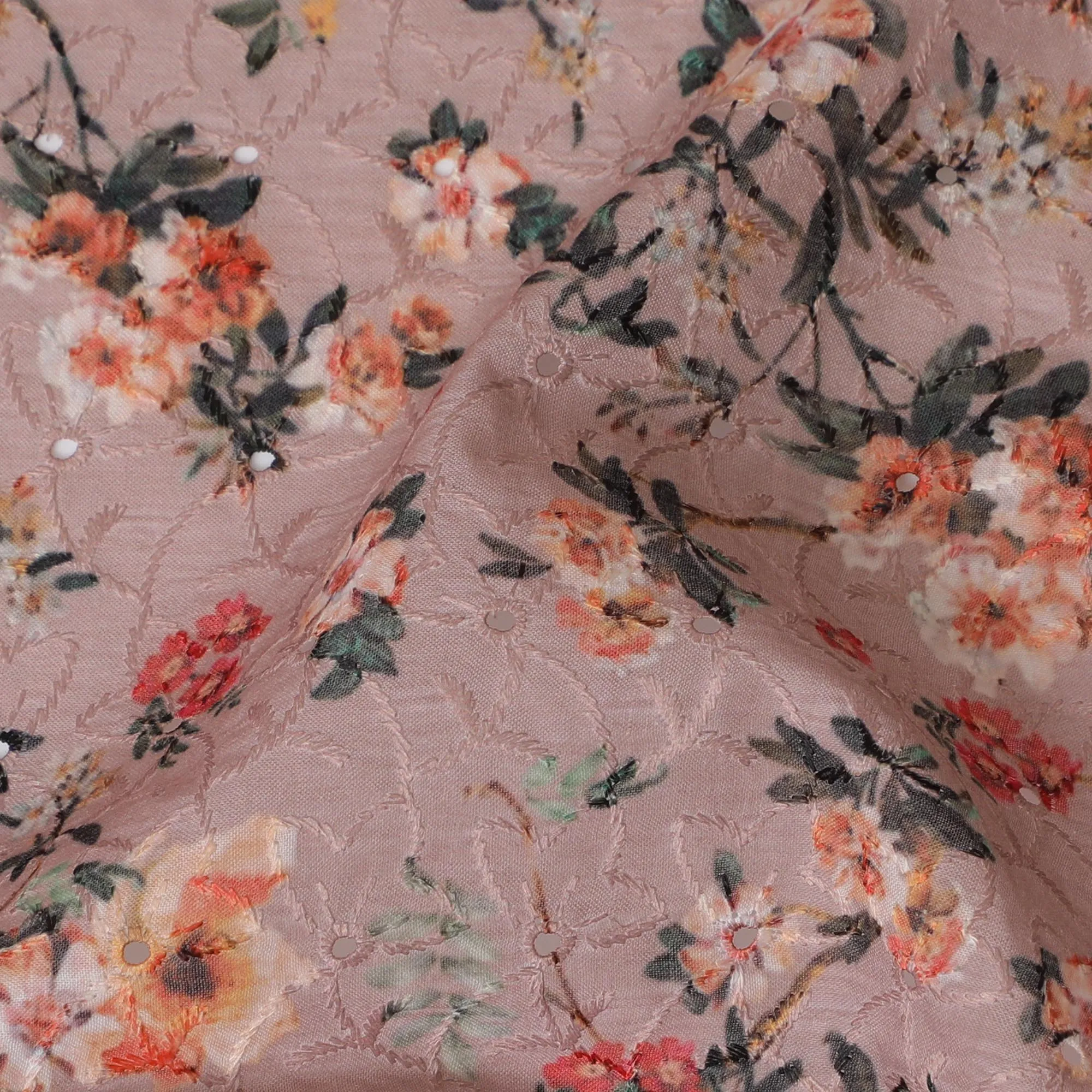 Blush Pink Floral blended Cotton Lawn Fabric with Embroidery - 110 cm Wide - D19591