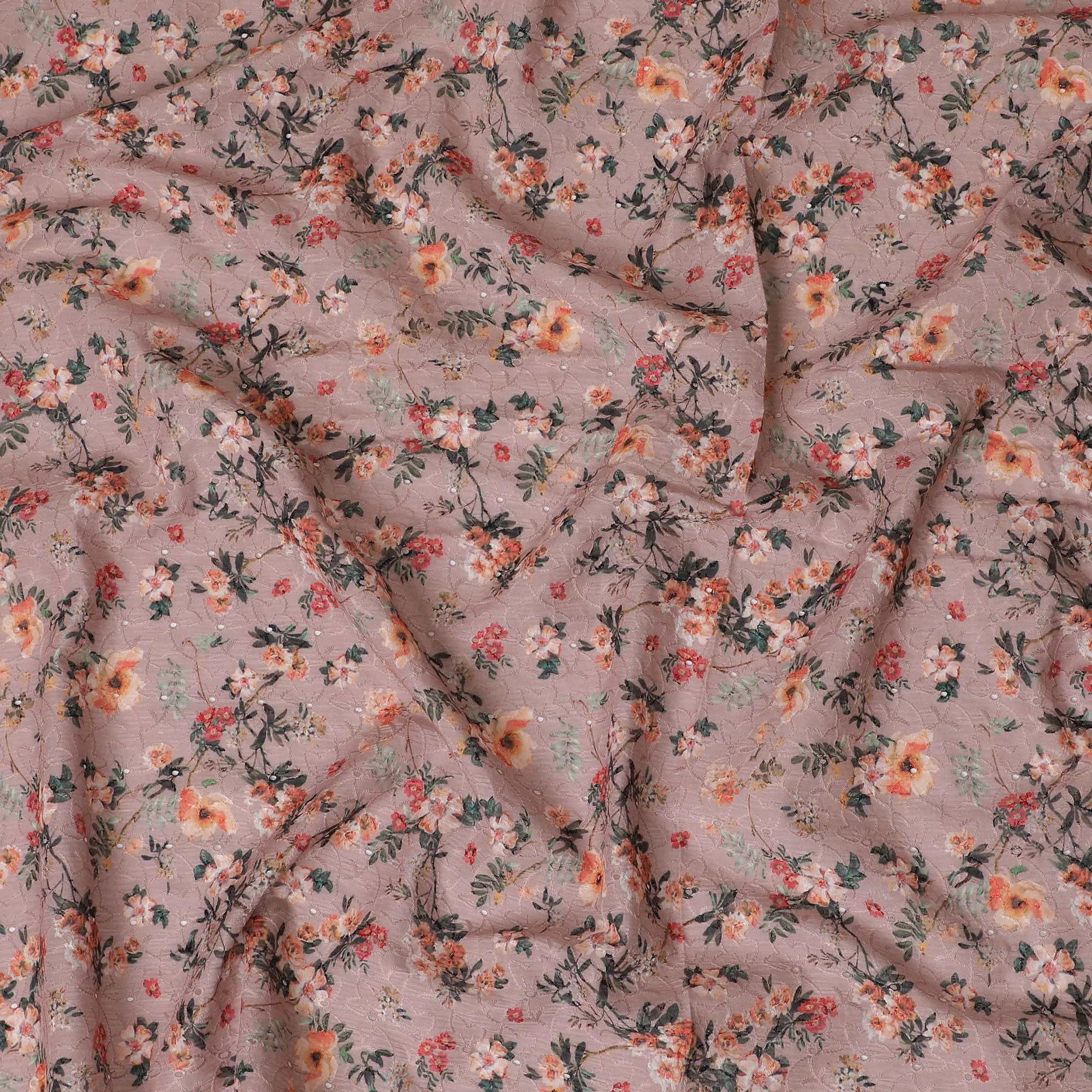 Blush Pink Floral blended Cotton Lawn Fabric with Embroidery - 110 cm Wide - D19591