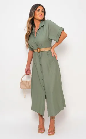 Button Down Collared Short Sleeve Midi Dress with Belt