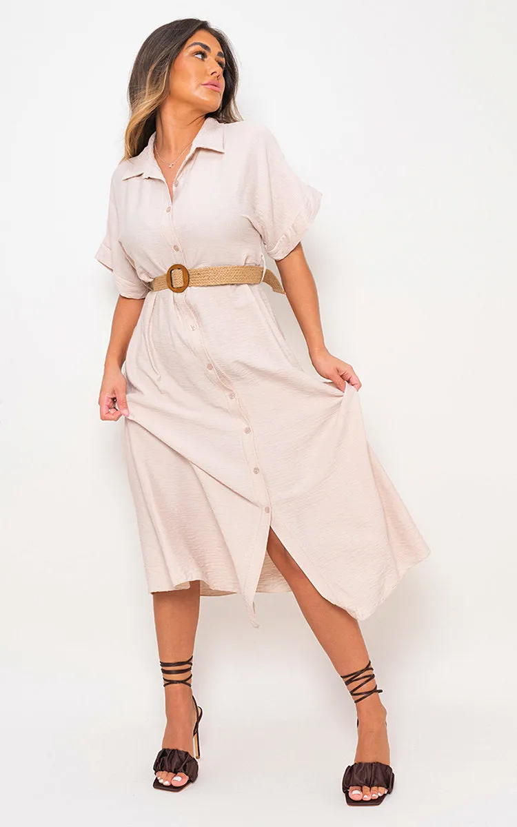 Button Down Collared Short Sleeve Midi Dress with Belt