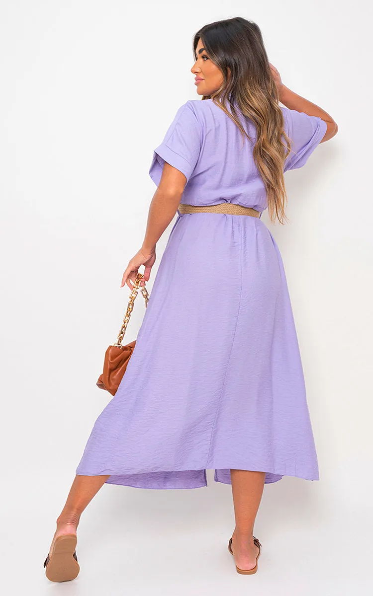 Button Down Collared Short Sleeve Midi Dress with Belt