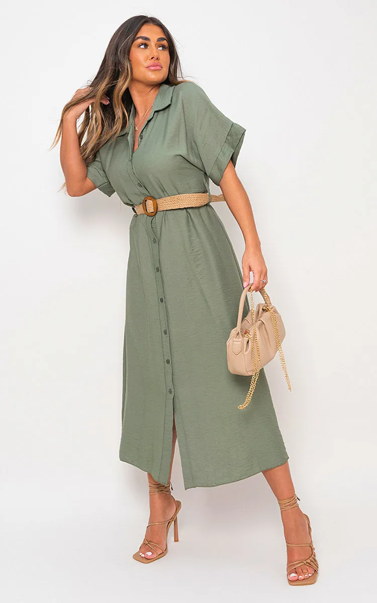 Button Down Collared Short Sleeve Midi Dress with Belt