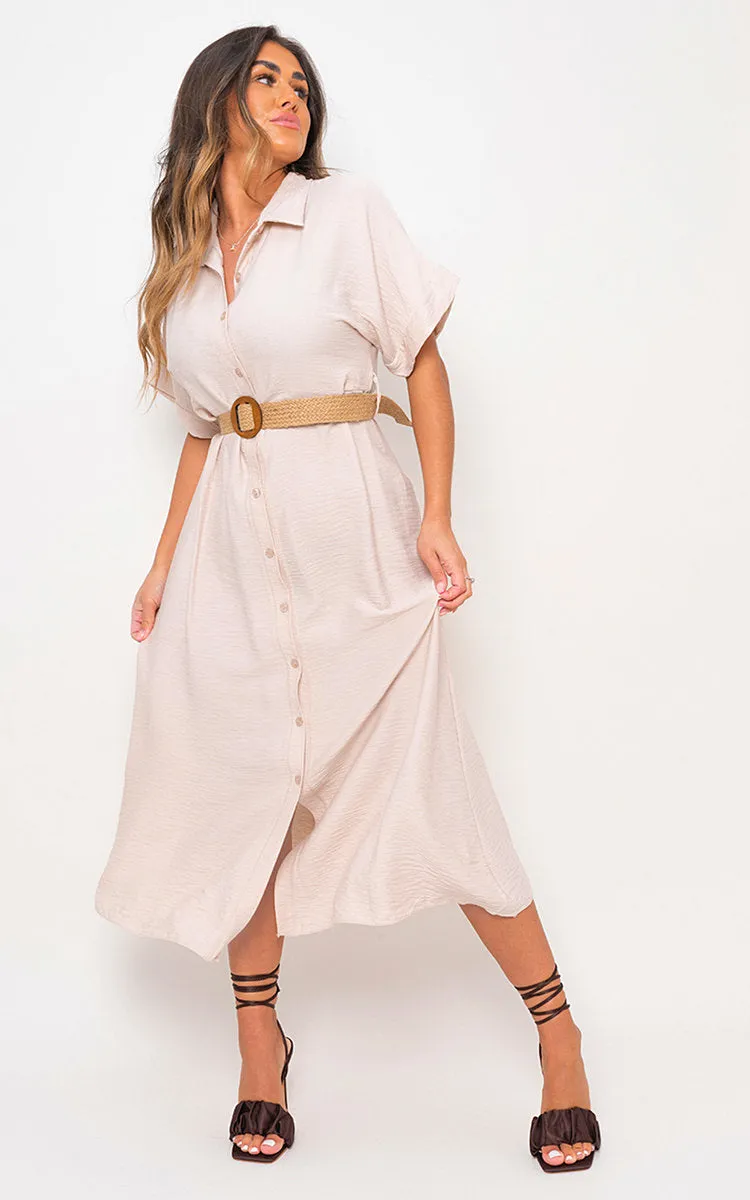 Button Down Collared Short Sleeve Midi Dress with Belt