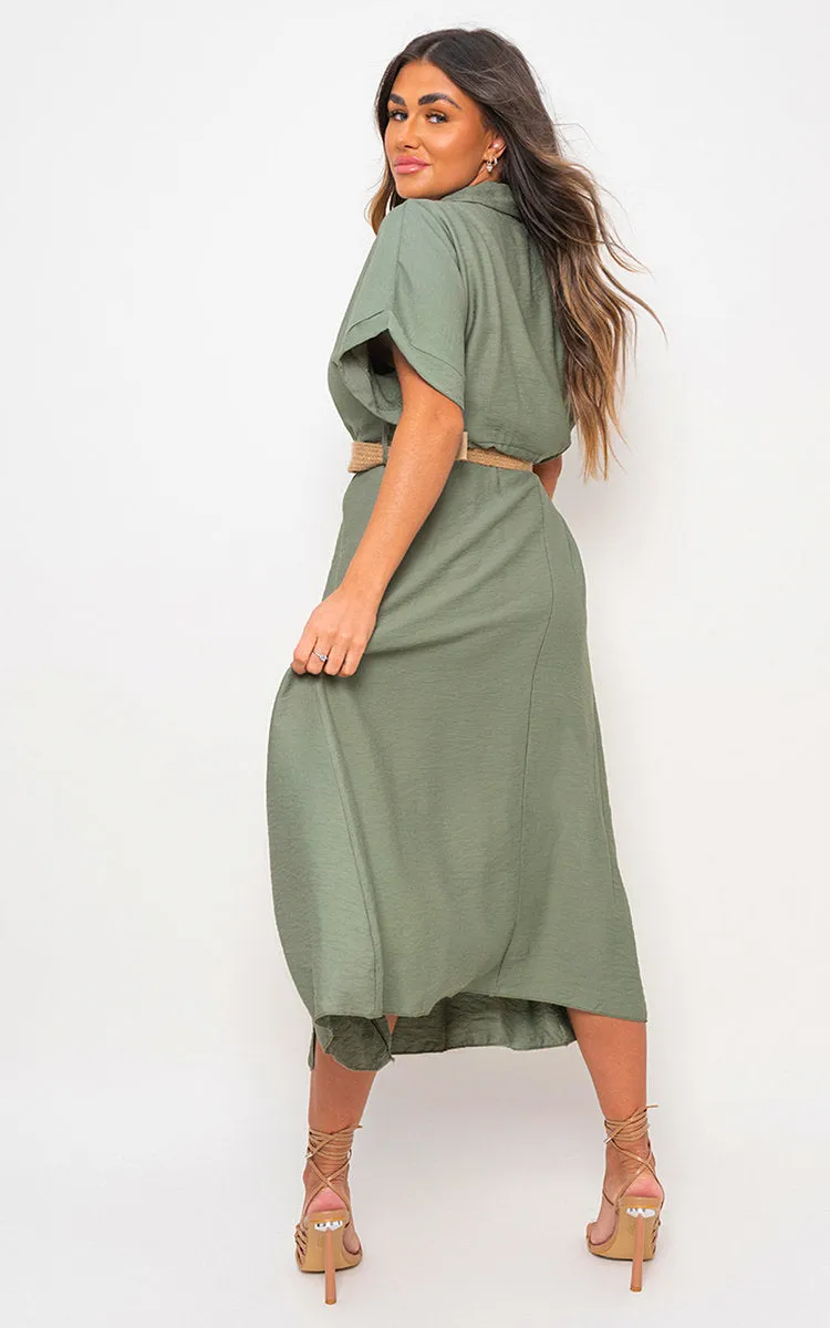 Button Down Collared Short Sleeve Midi Dress with Belt