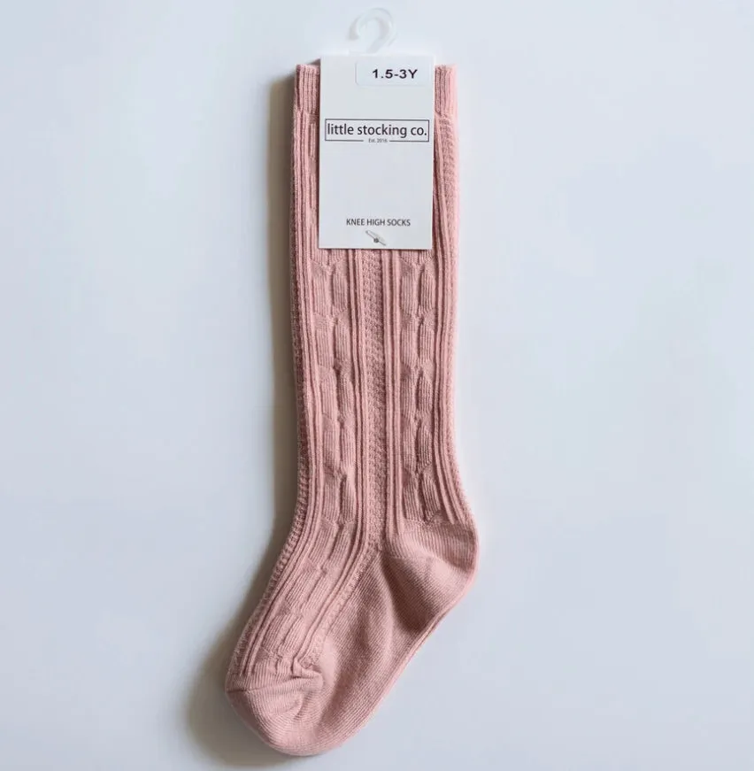 Cable Knit Knee High Socks - Blush