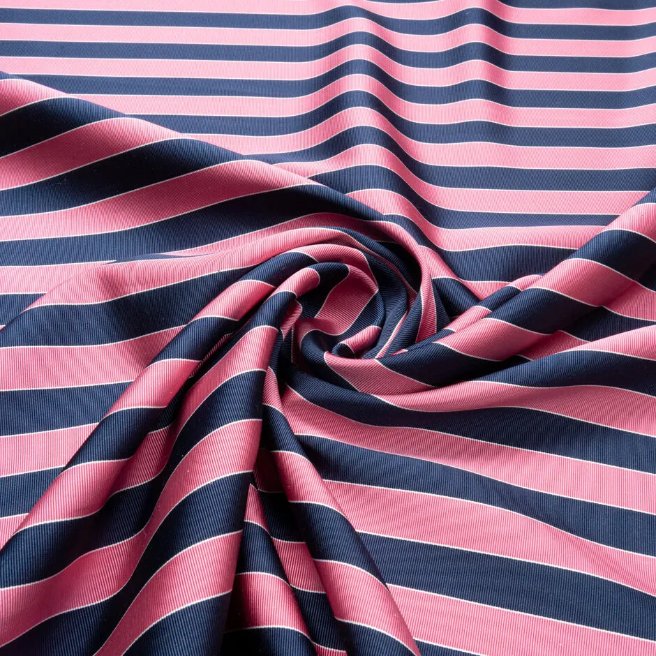 Candy Pink & Midnight Blue Striped Silk & Cotton Twill