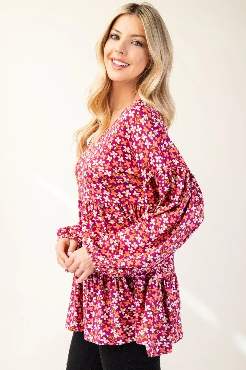 Celeste Full Size Floral V-Neck Balloon Sleeve Blouse