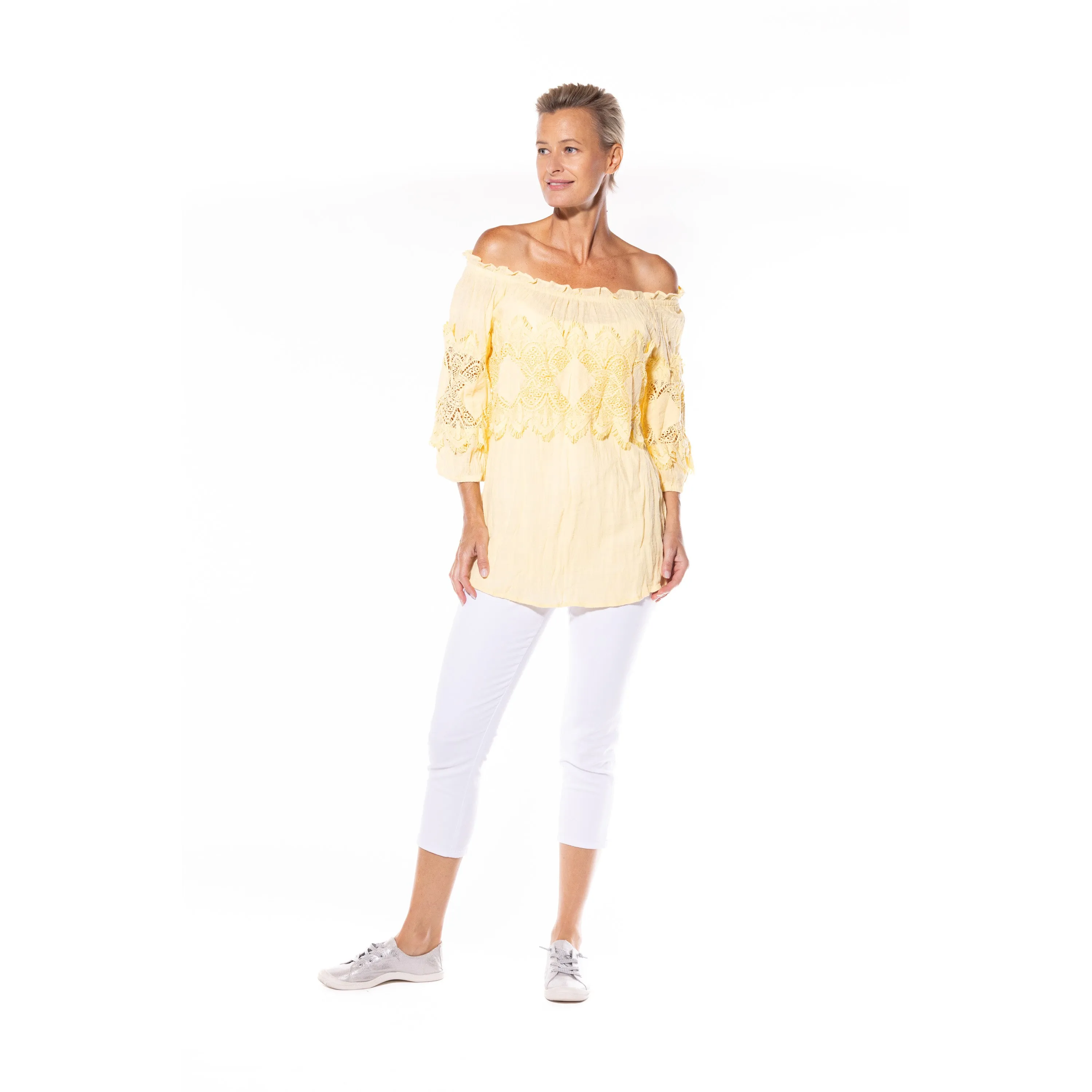 Cotton Peasant Top by Café Latte - Lemon