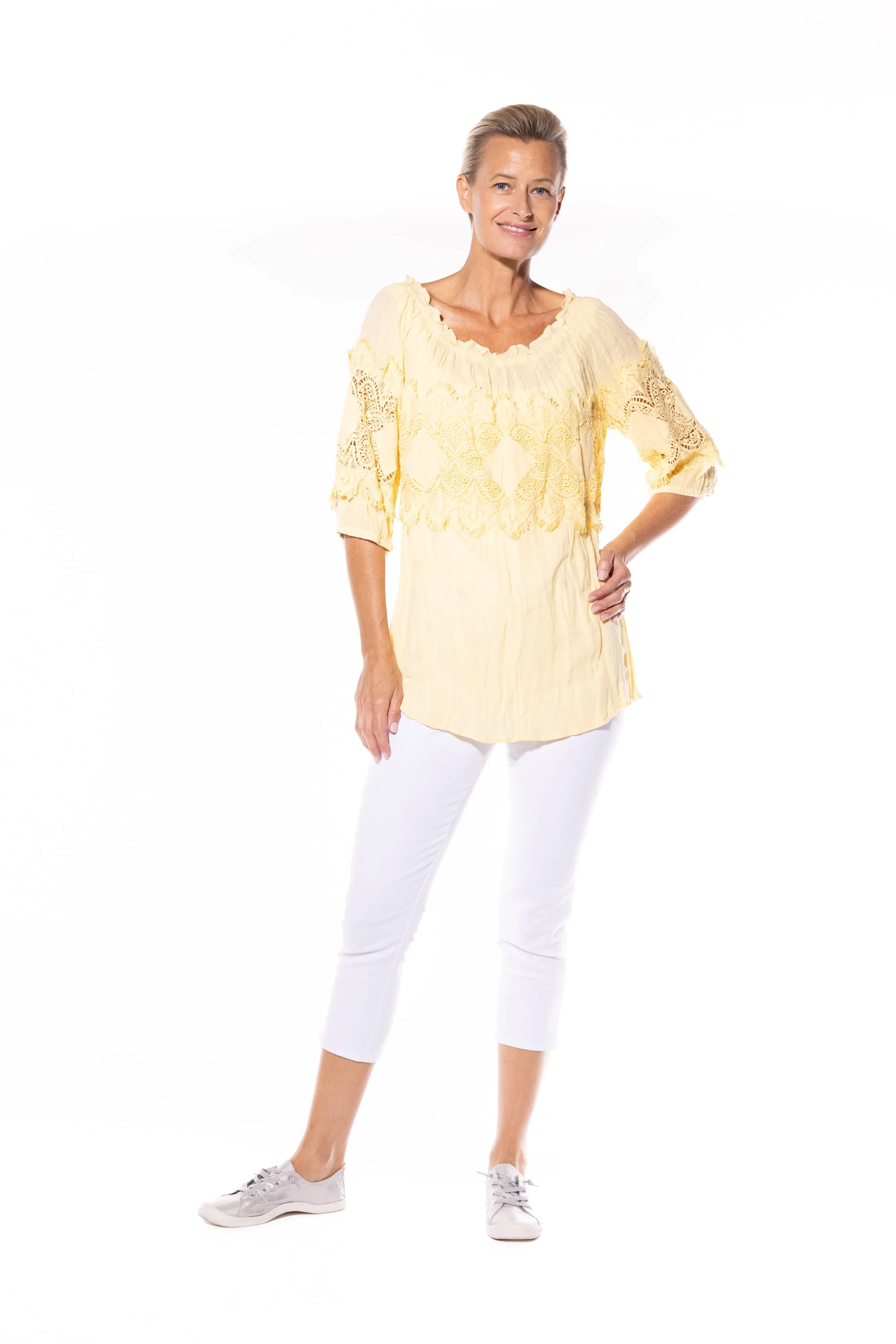 Cotton Peasant Top by Café Latte - Lemon