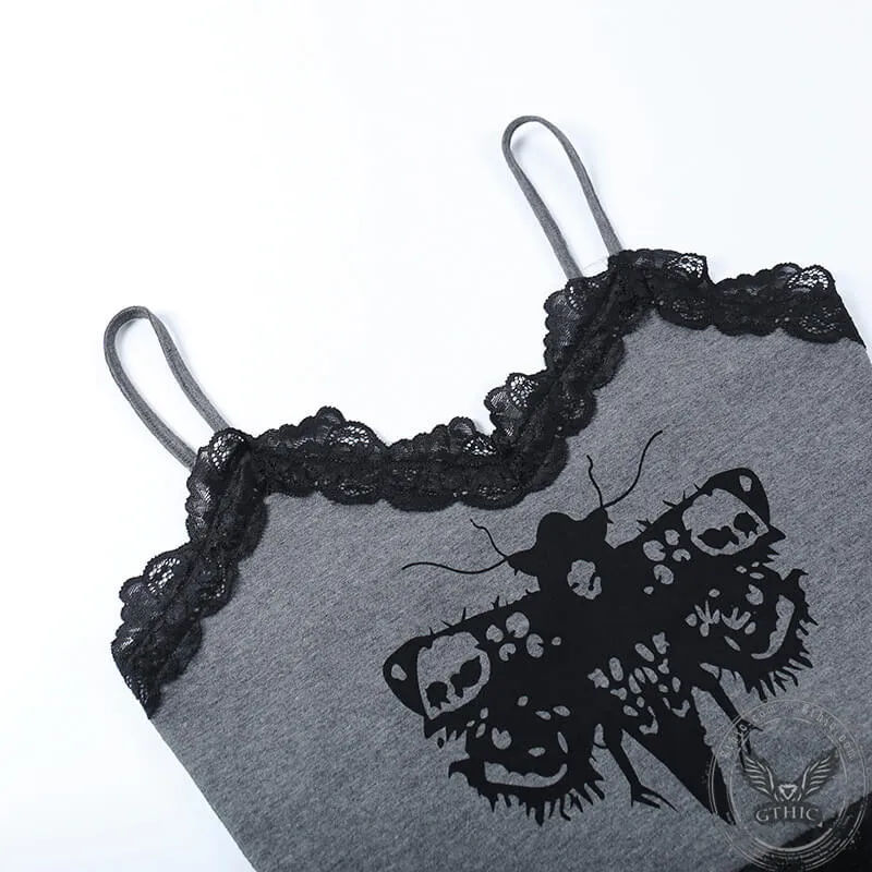 Death Moth Print Lace Crop Top