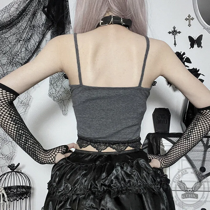 Death Moth Print Lace Crop Top