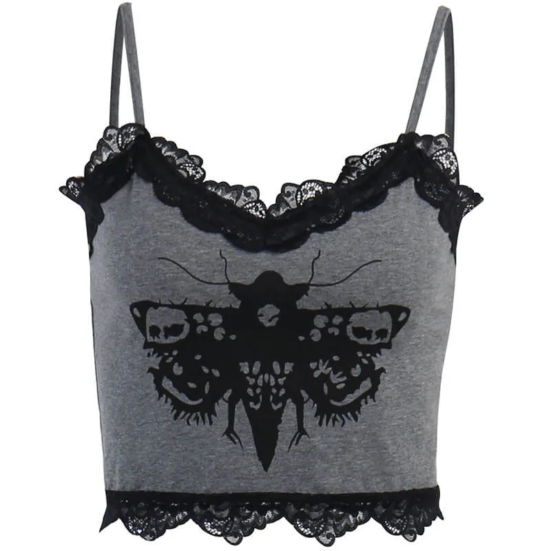 Death Moth Print Lace Crop Top