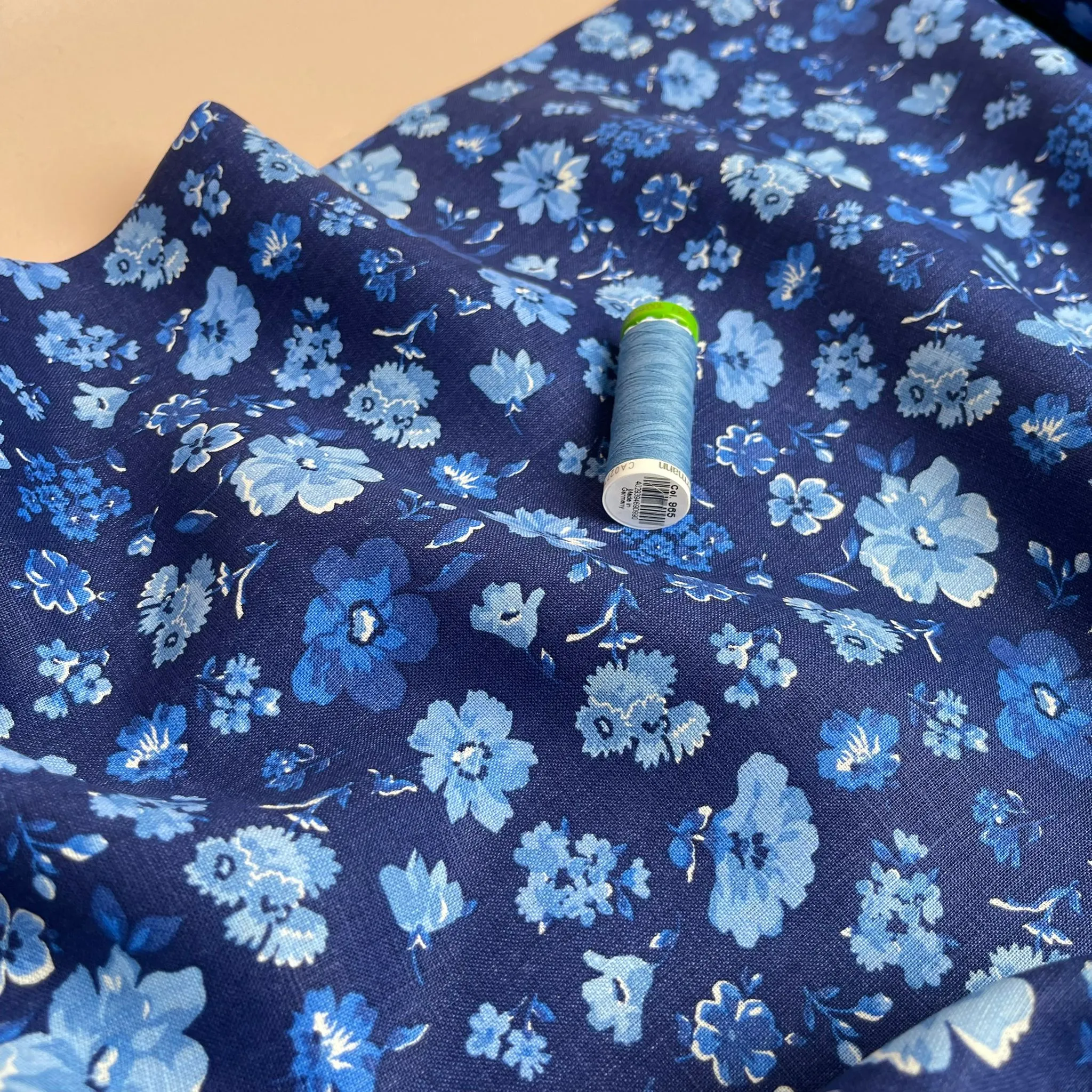 Ex-Designer Deadstock Blue Floral Pure Linen Fabric