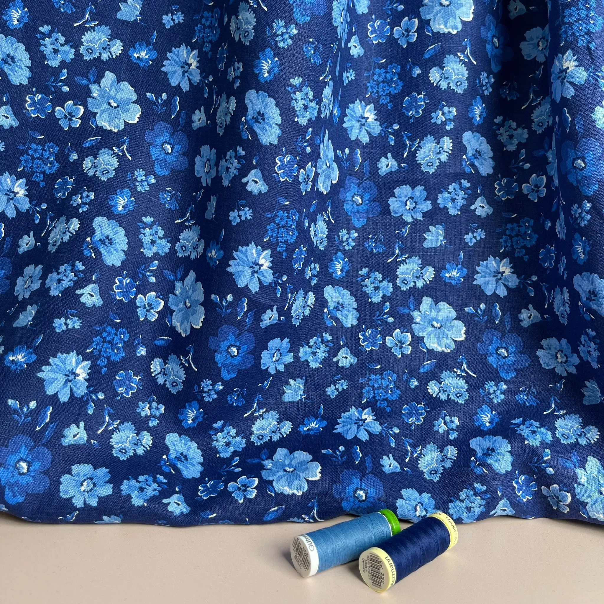 Ex-Designer Deadstock Blue Floral Pure Linen Fabric