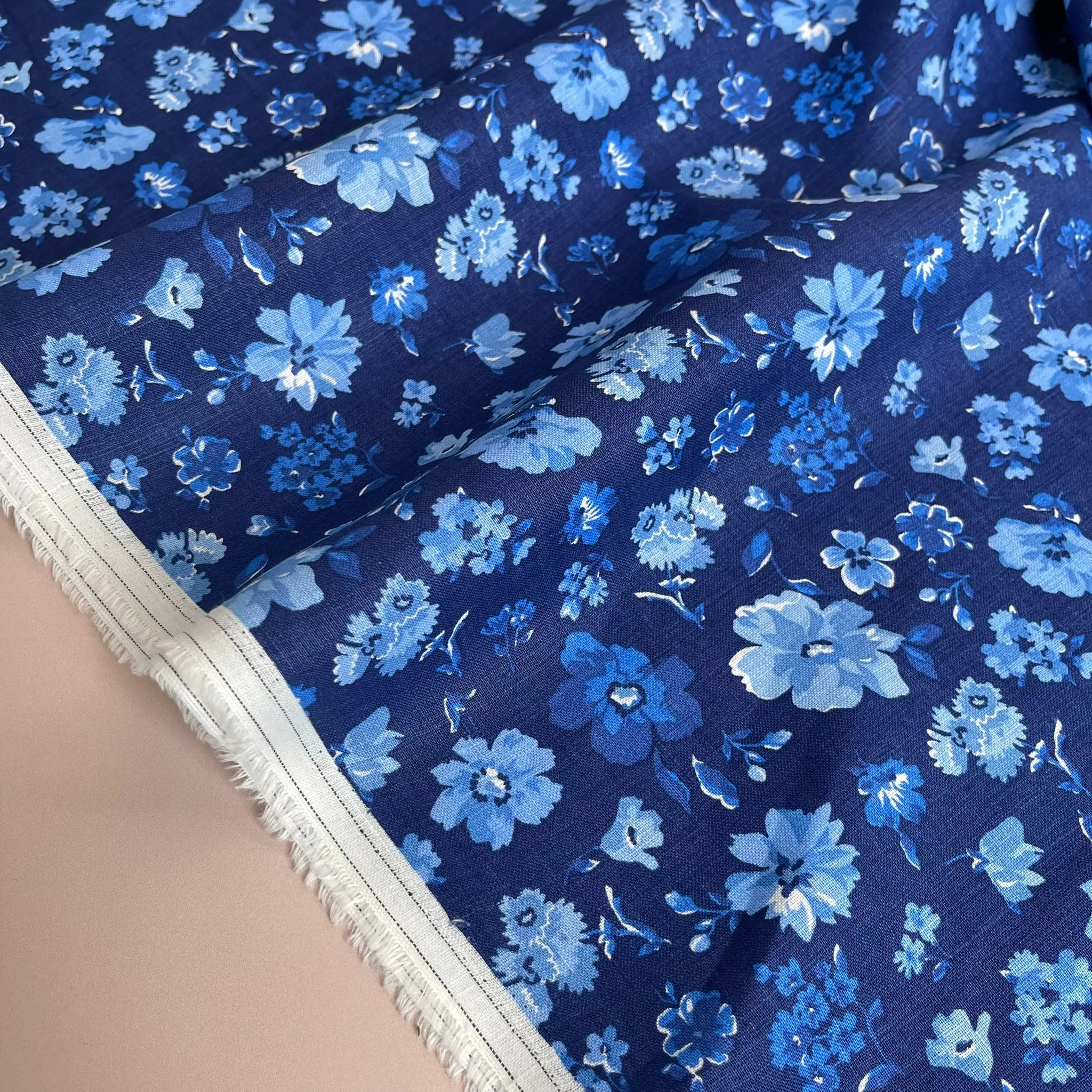 Ex-Designer Deadstock Blue Floral Pure Linen Fabric