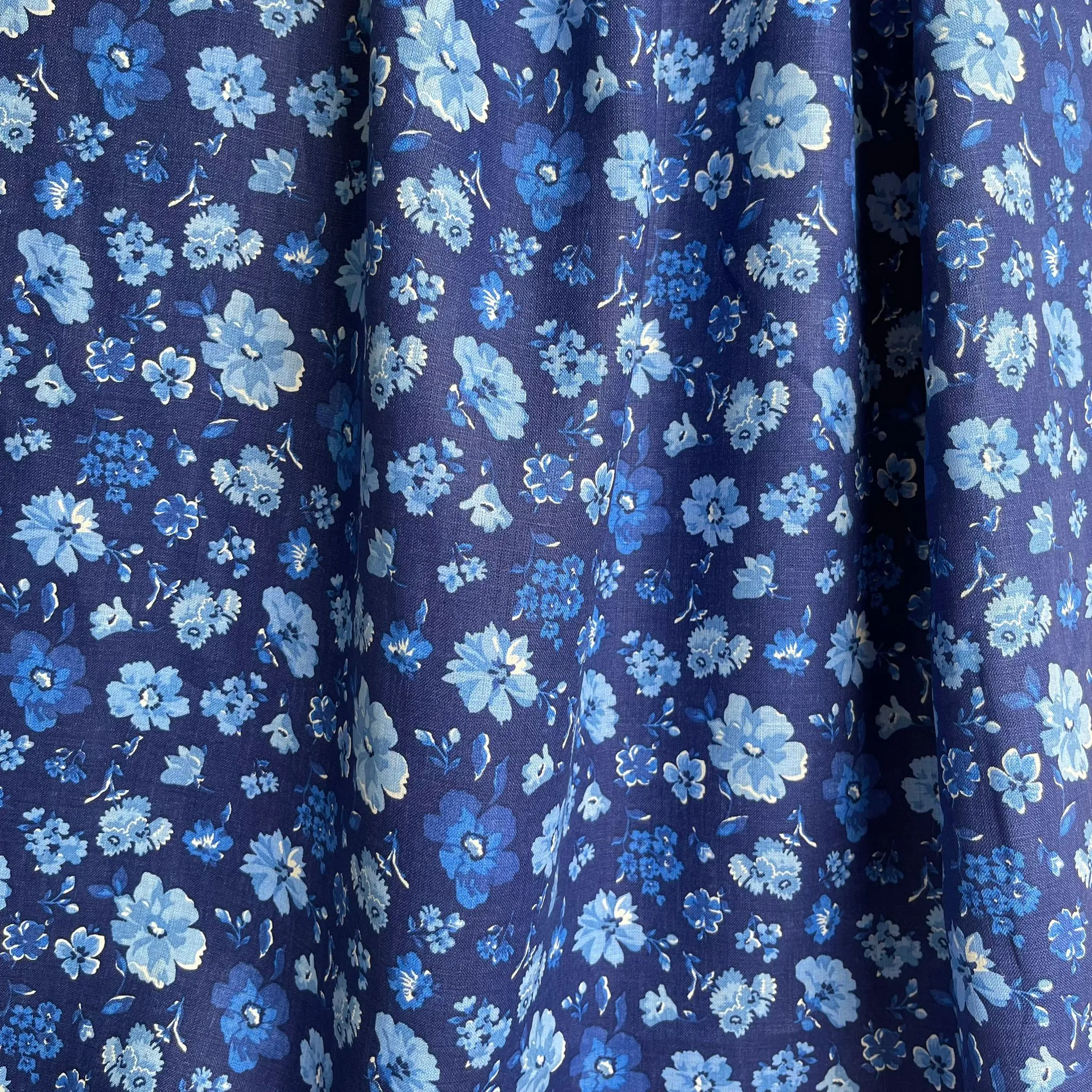 Ex-Designer Deadstock Blue Floral Pure Linen Fabric