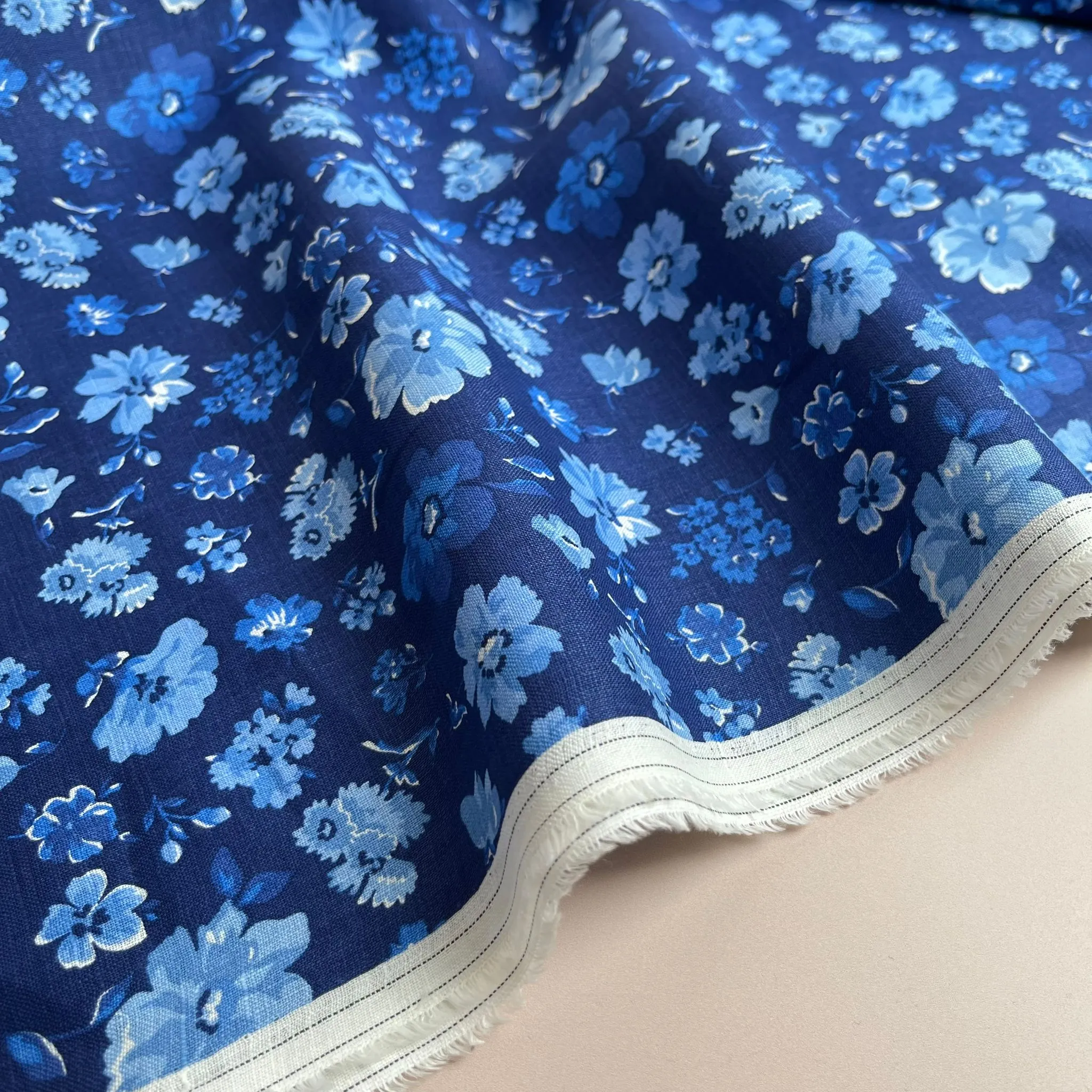 Ex-Designer Deadstock Blue Floral Pure Linen Fabric