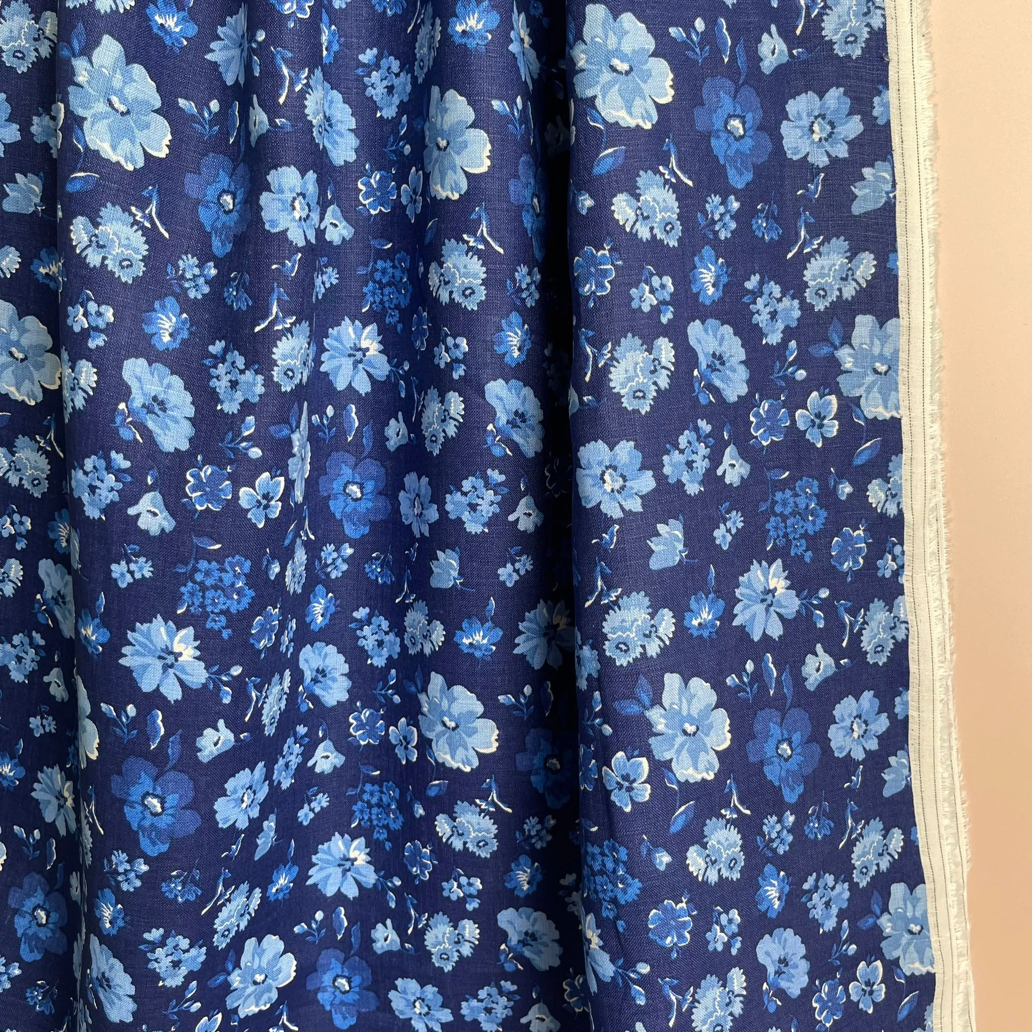 Ex-Designer Deadstock Blue Floral Pure Linen Fabric