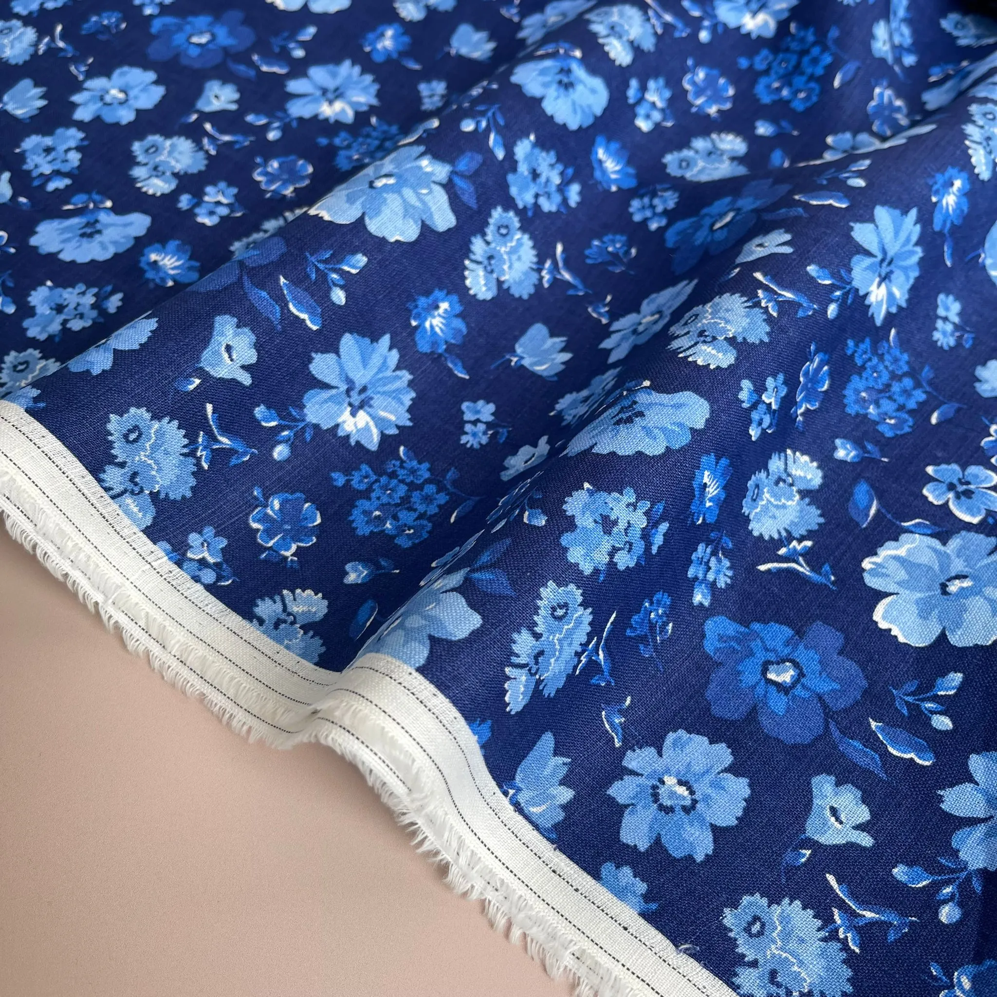 Ex-Designer Deadstock Blue Floral Pure Linen Fabric