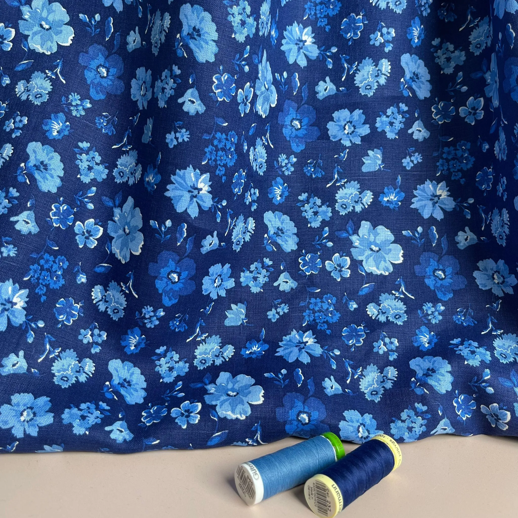 Ex-Designer Deadstock Blue Floral Pure Linen Fabric