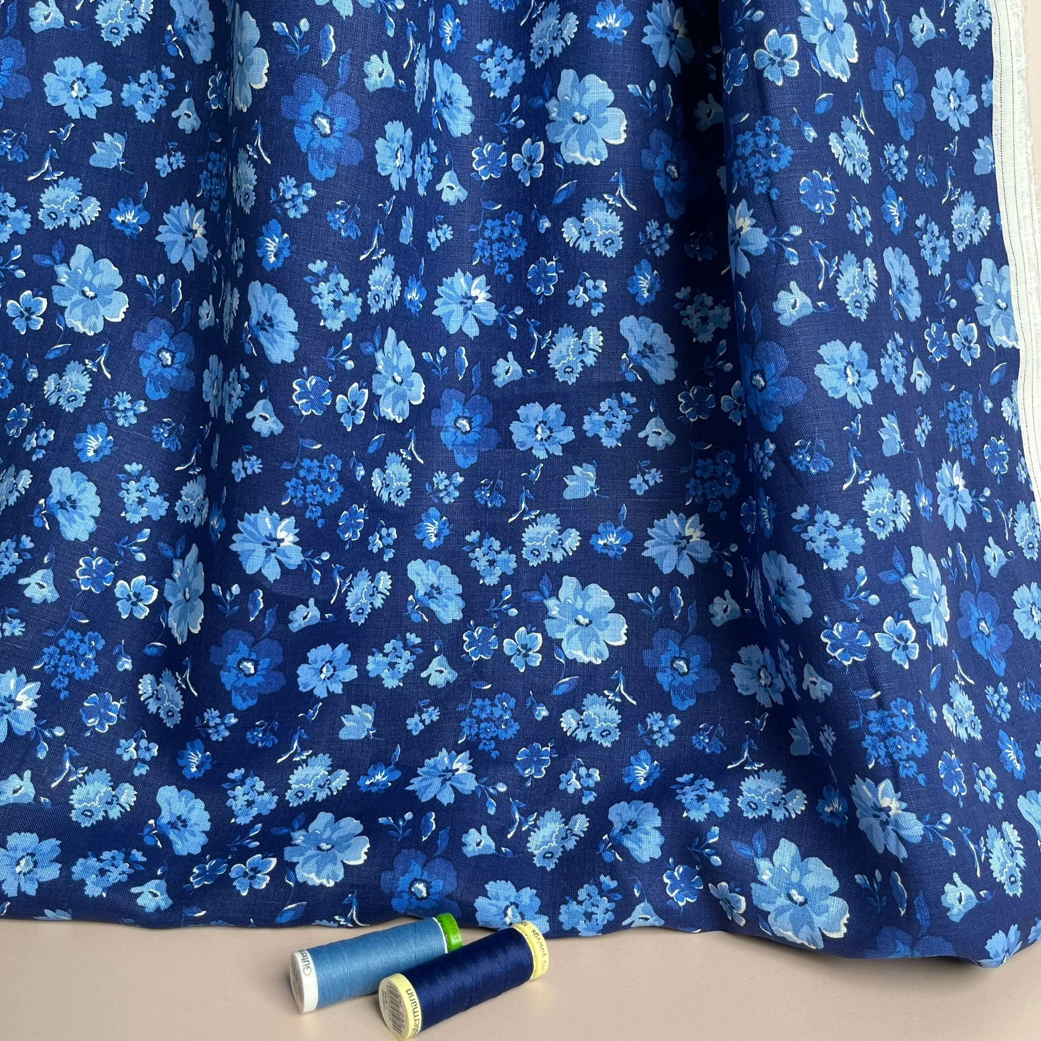 Ex-Designer Deadstock Blue Floral Pure Linen Fabric