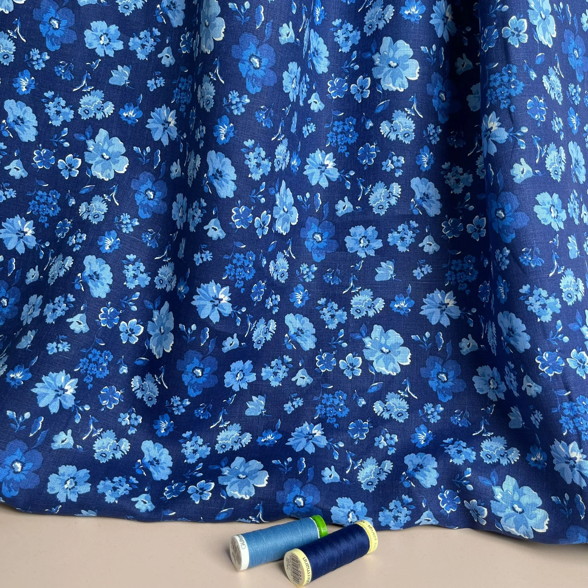 Ex-Designer Deadstock Blue Floral Pure Linen Fabric