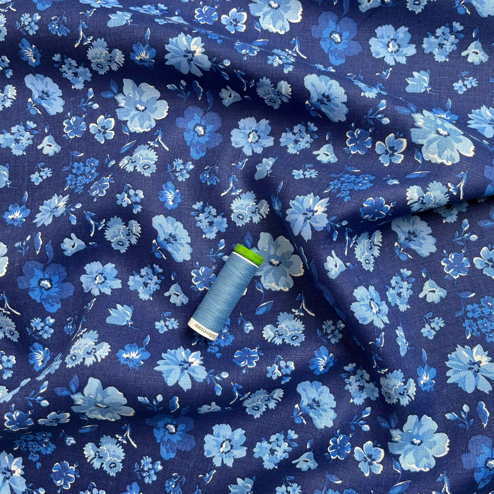 Ex-Designer Deadstock Blue Floral Pure Linen Fabric