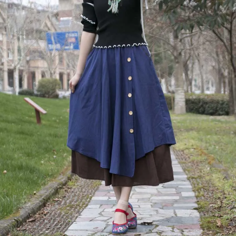 Fashionable Layered Colorblock Aesthetic Buttoned Long Skirts