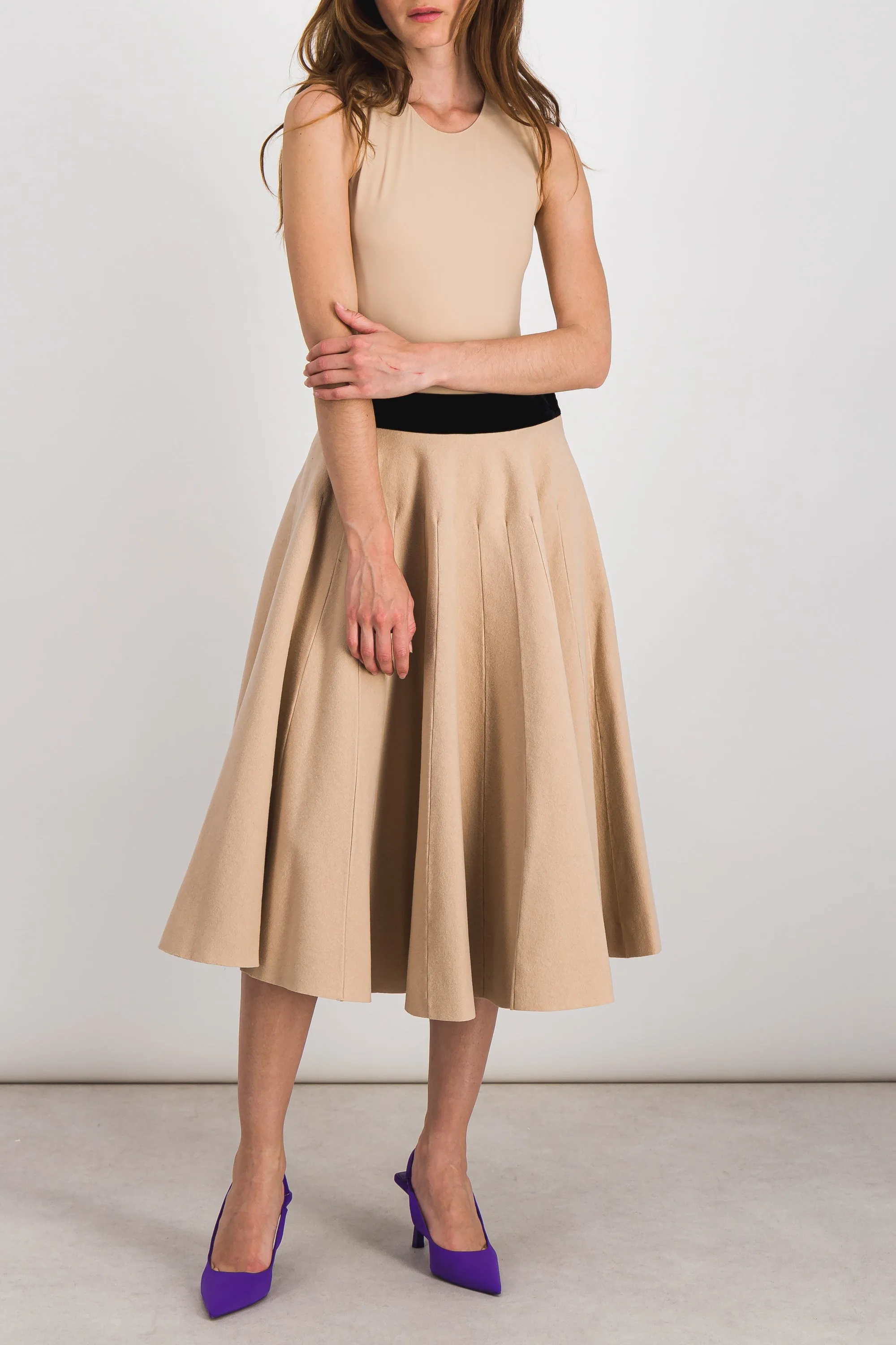 Felt wool pleated midi skirt