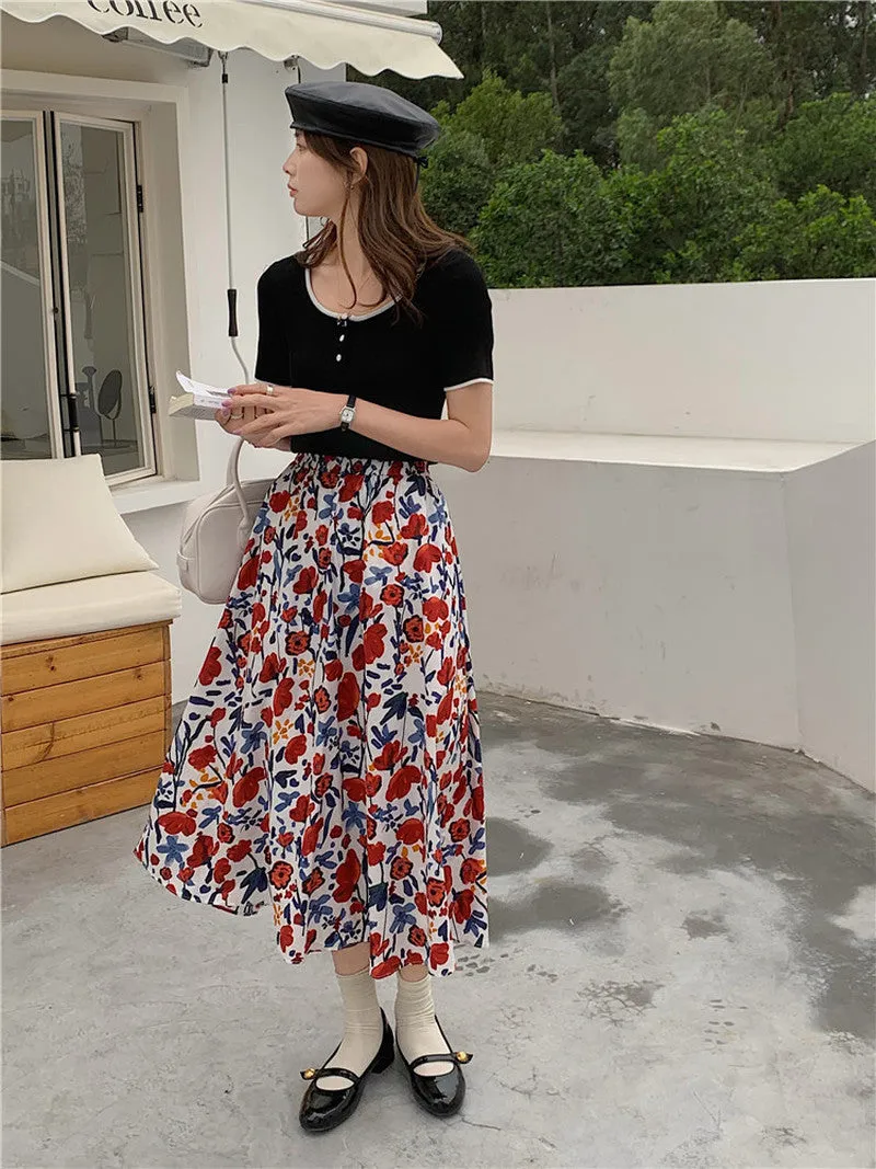 Floral Pleated High Waist A-Line Skirt