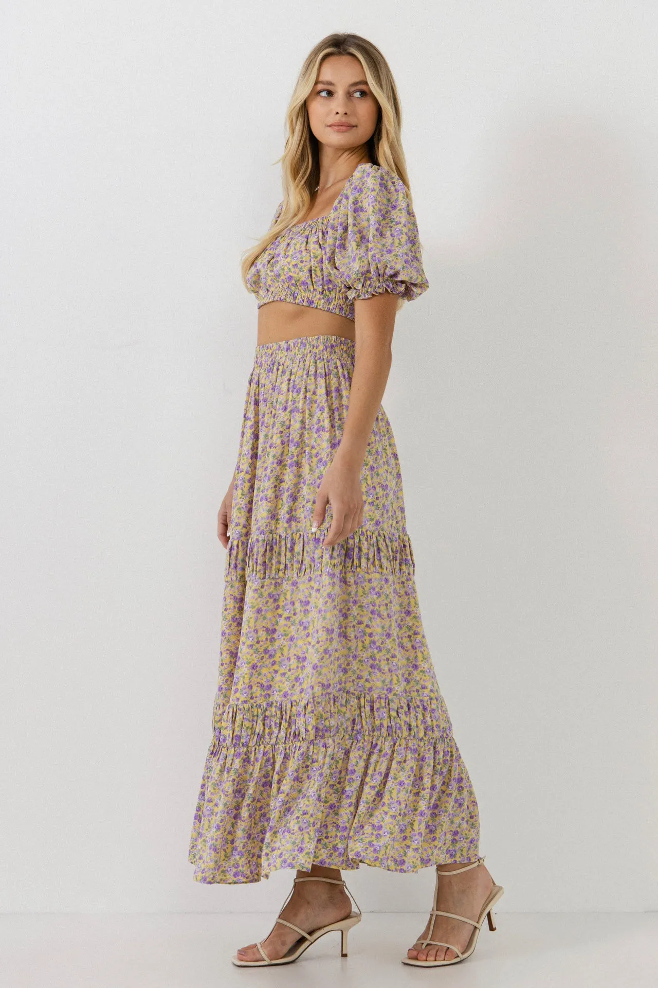 Floral Shirring Detail Long Skirt