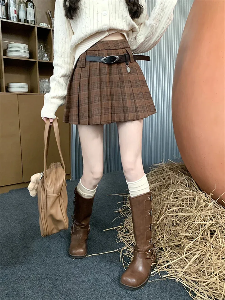 Girlary Preppy Style Women Vintage Mini Skirts Autumn Chic Plaid A-Line OL Pleated Office Lady High Waist Slim New Daily