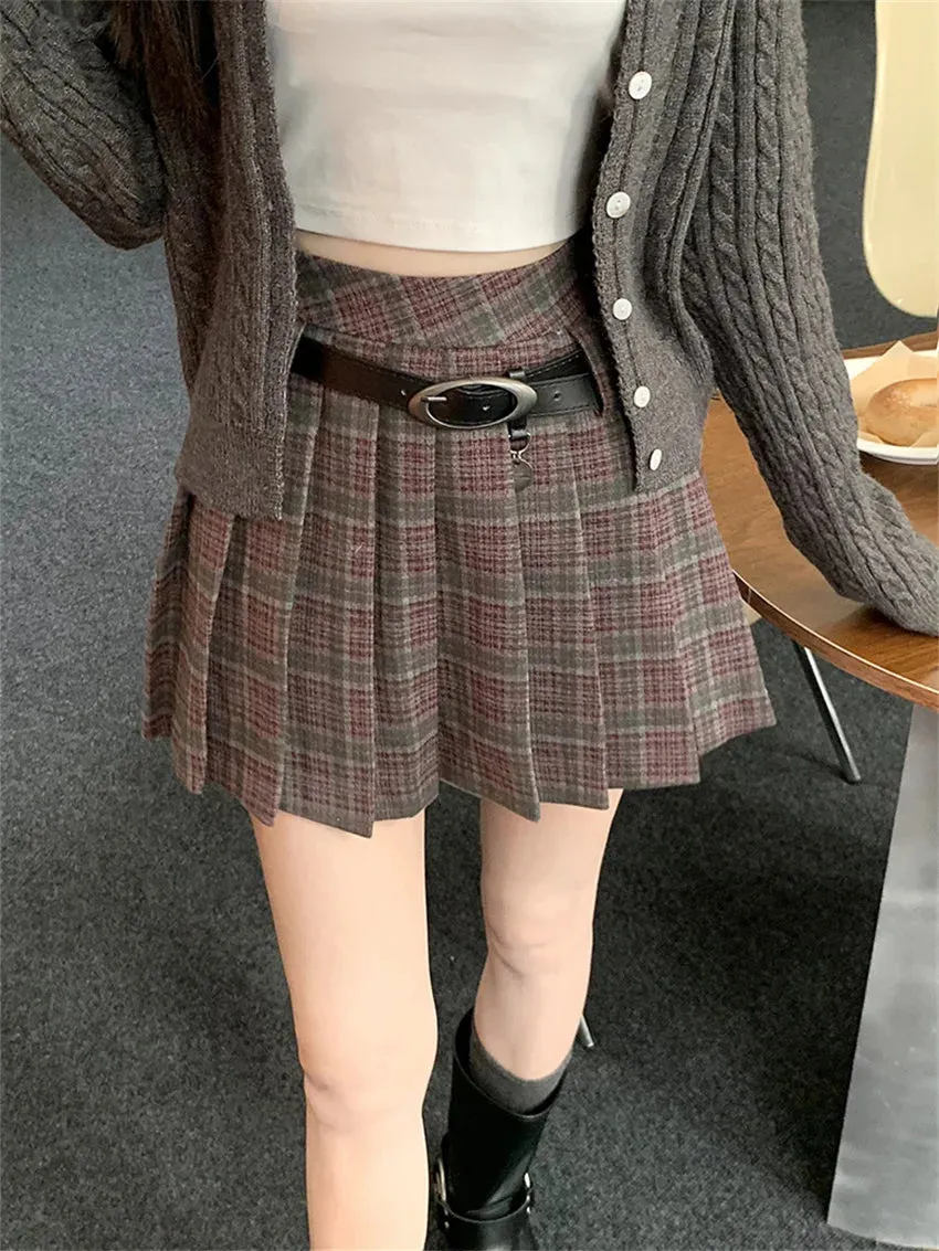 Girlary Preppy Style Women Vintage Mini Skirts Autumn Chic Plaid A-Line OL Pleated Office Lady High Waist Slim New Daily