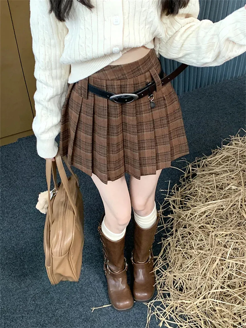 Girlary Preppy Style Women Vintage Mini Skirts Autumn Chic Plaid A-Line OL Pleated Office Lady High Waist Slim New Daily