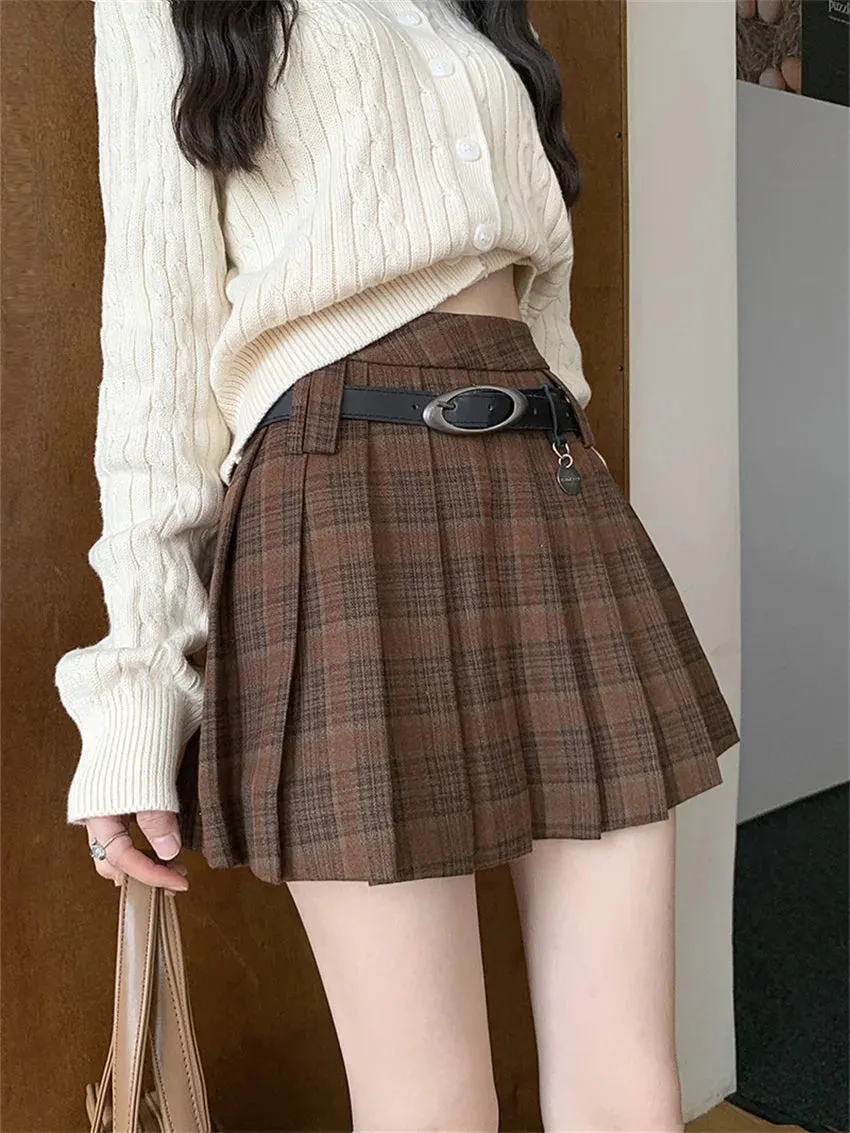 Girlary Preppy Style Women Vintage Mini Skirts Autumn Chic Plaid A-Line OL Pleated Office Lady High Waist Slim New Daily