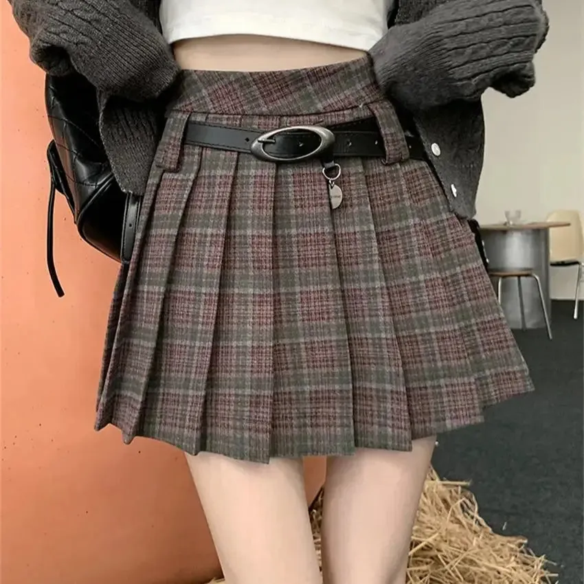 Girlary Preppy Style Women Vintage Mini Skirts Autumn Chic Plaid A-Line OL Pleated Office Lady High Waist Slim New Daily