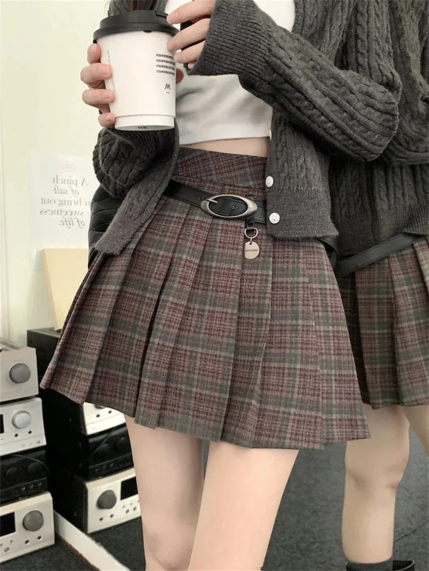 Girlary Preppy Style Women Vintage Mini Skirts Autumn Chic Plaid A-Line OL Pleated Office Lady High Waist Slim New Daily