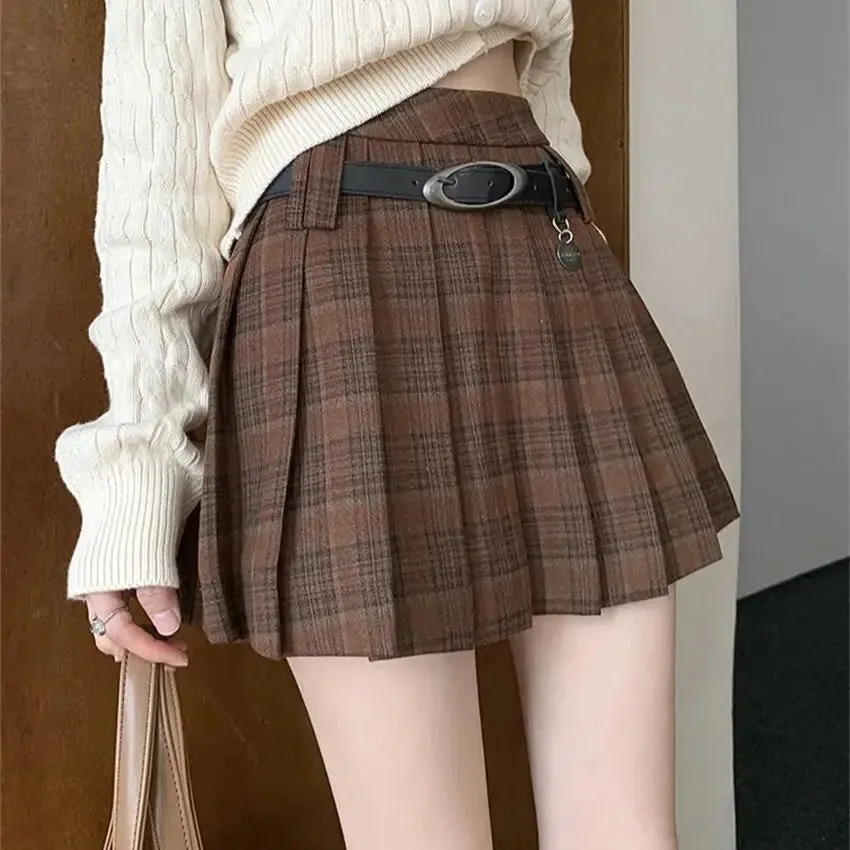 Girlary Preppy Style Women Vintage Mini Skirts Autumn Chic Plaid A-Line OL Pleated Office Lady High Waist Slim New Daily