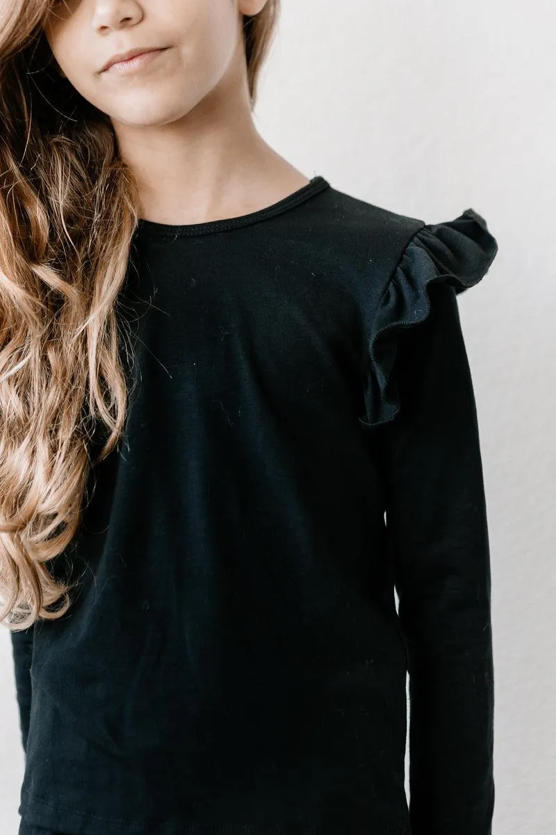 Girls Black Ruffle Tee