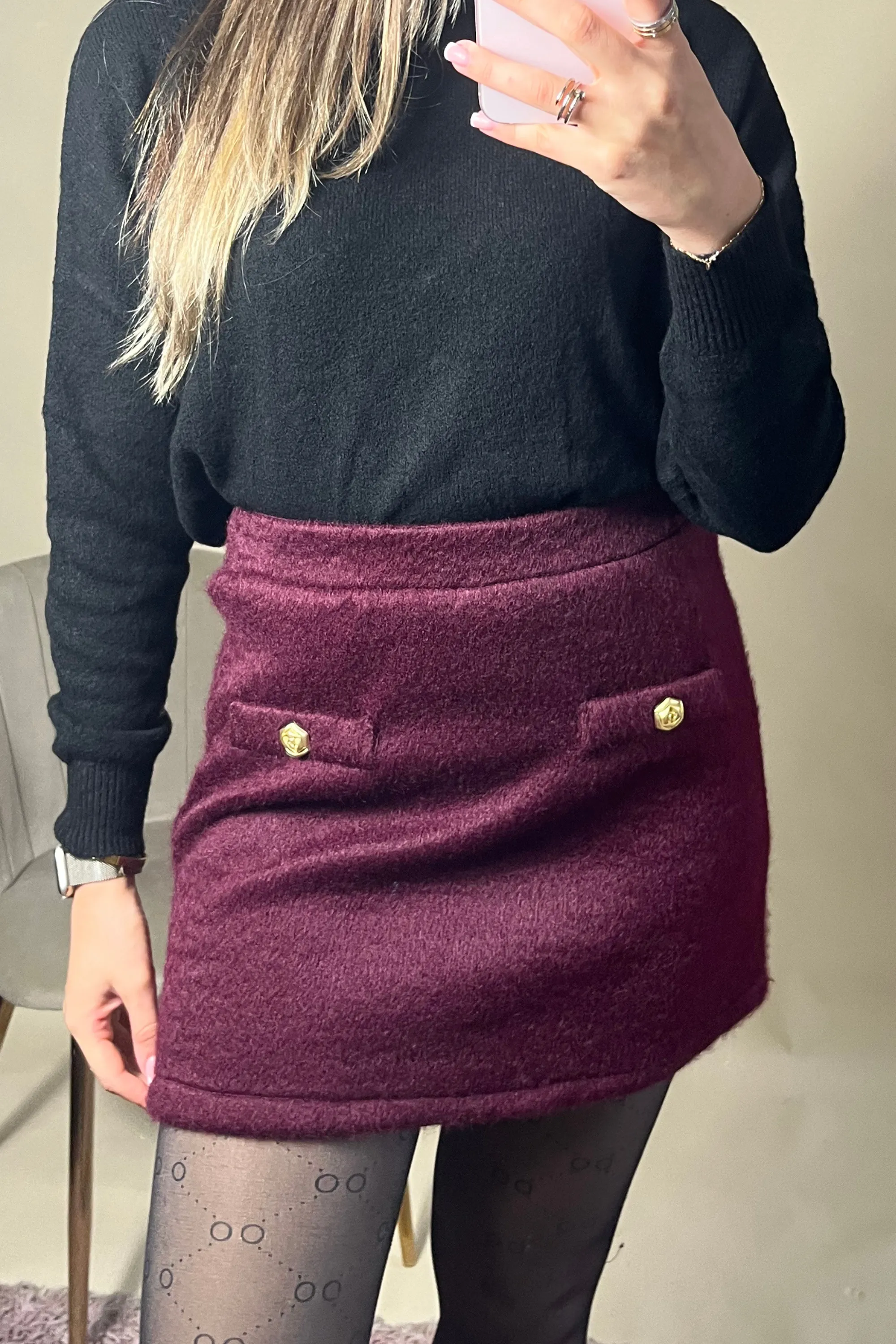 Gold rose button a line burgundy skirt