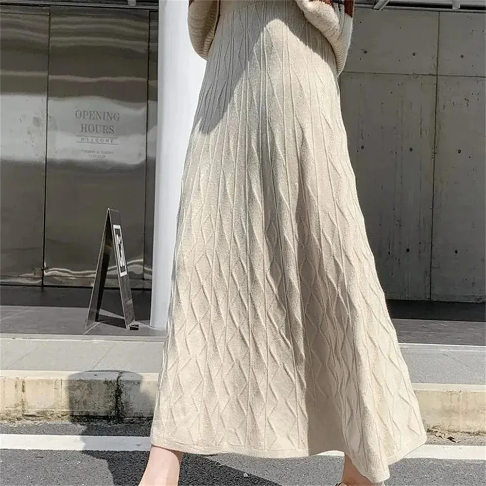 High Waisted Slim Knitted A-Line Woolen Autumn Winter Fashionable Midi Umbrella Skirt