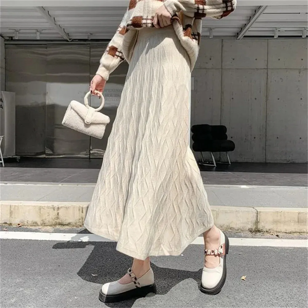 High Waisted Slim Knitted A-Line Woolen Autumn Winter Fashionable Midi Umbrella Skirt