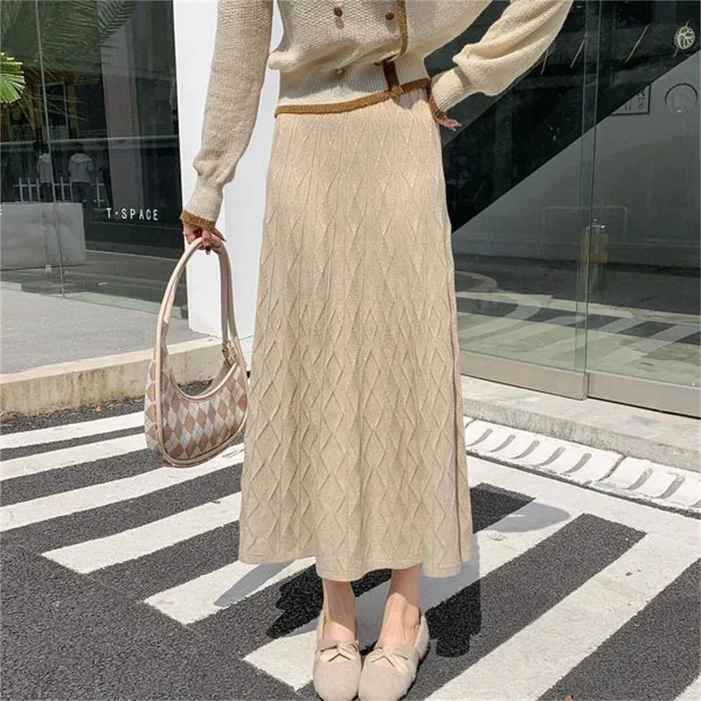 High Waisted Slim Knitted A-Line Woolen Autumn Winter Fashionable Midi Umbrella Skirt