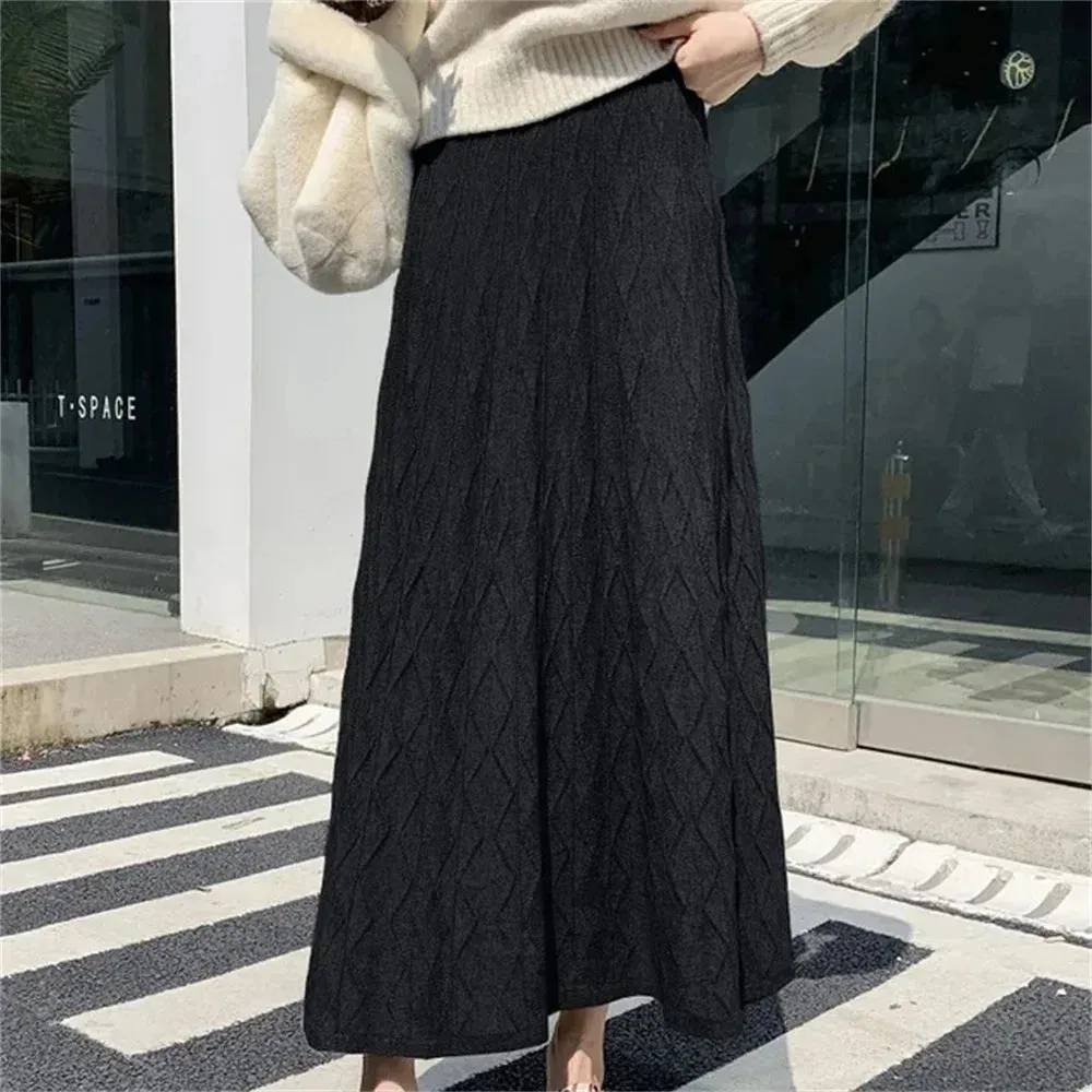 High Waisted Slim Knitted A-Line Woolen Autumn Winter Fashionable Midi Umbrella Skirt