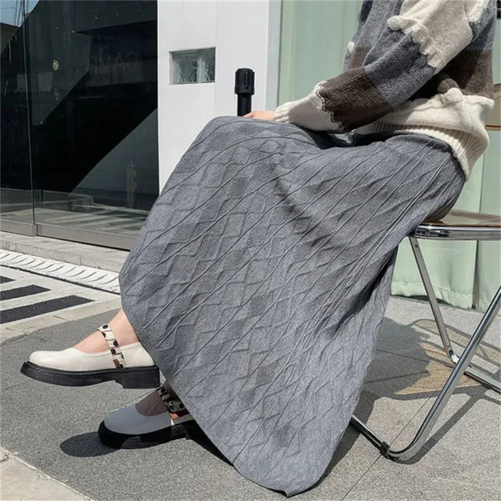 High Waisted Slim Knitted A-Line Woolen Autumn Winter Fashionable Midi Umbrella Skirt